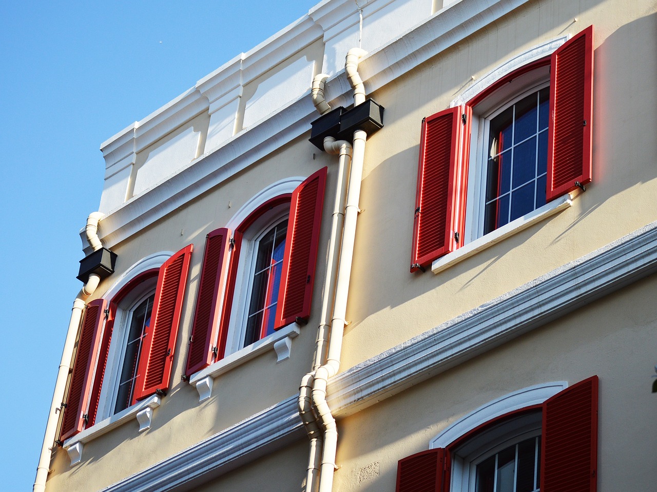 red, shutters, windows