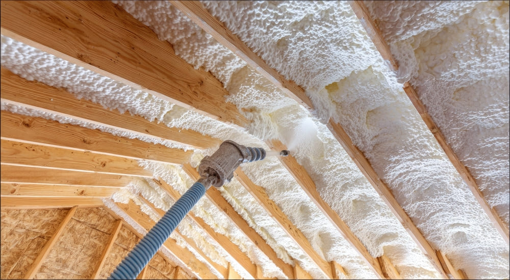 Spray foam insulation applied between attic rafters showing energy efficiency and air sealing benefits versus traditional materials
